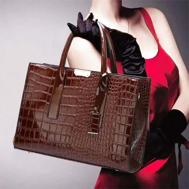 Large Capacity Crocodile Patent Leather Handbag-dione couture20260421-Calm Wears-Brown-Calm Wears