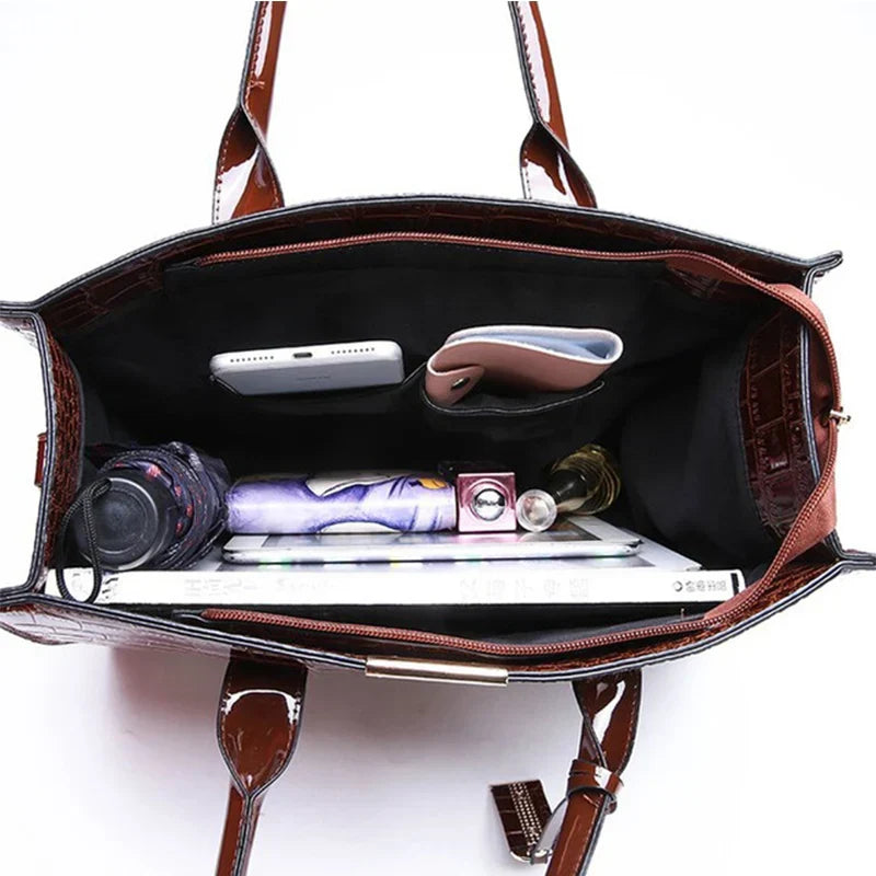 Large Capacity Crocodile Patent Leather Handbag-dione couture20260421-Calm Wears-Brown-Calm Wears