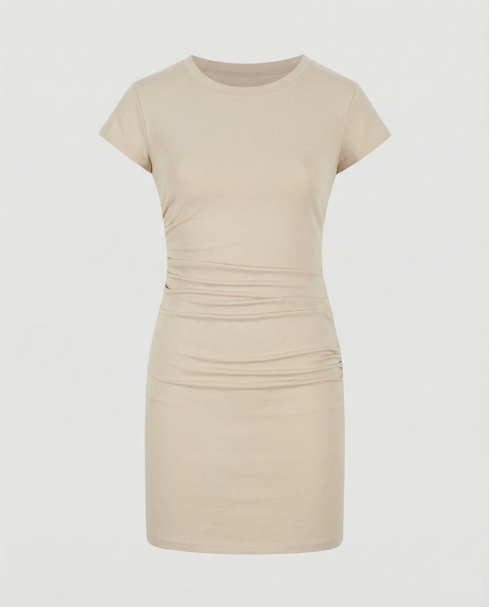 Figure-hugging mini dress with round neck and gathers for summer-Calm Wears-S 80-95 catties-Apricot (conventional version)-Calm Wears