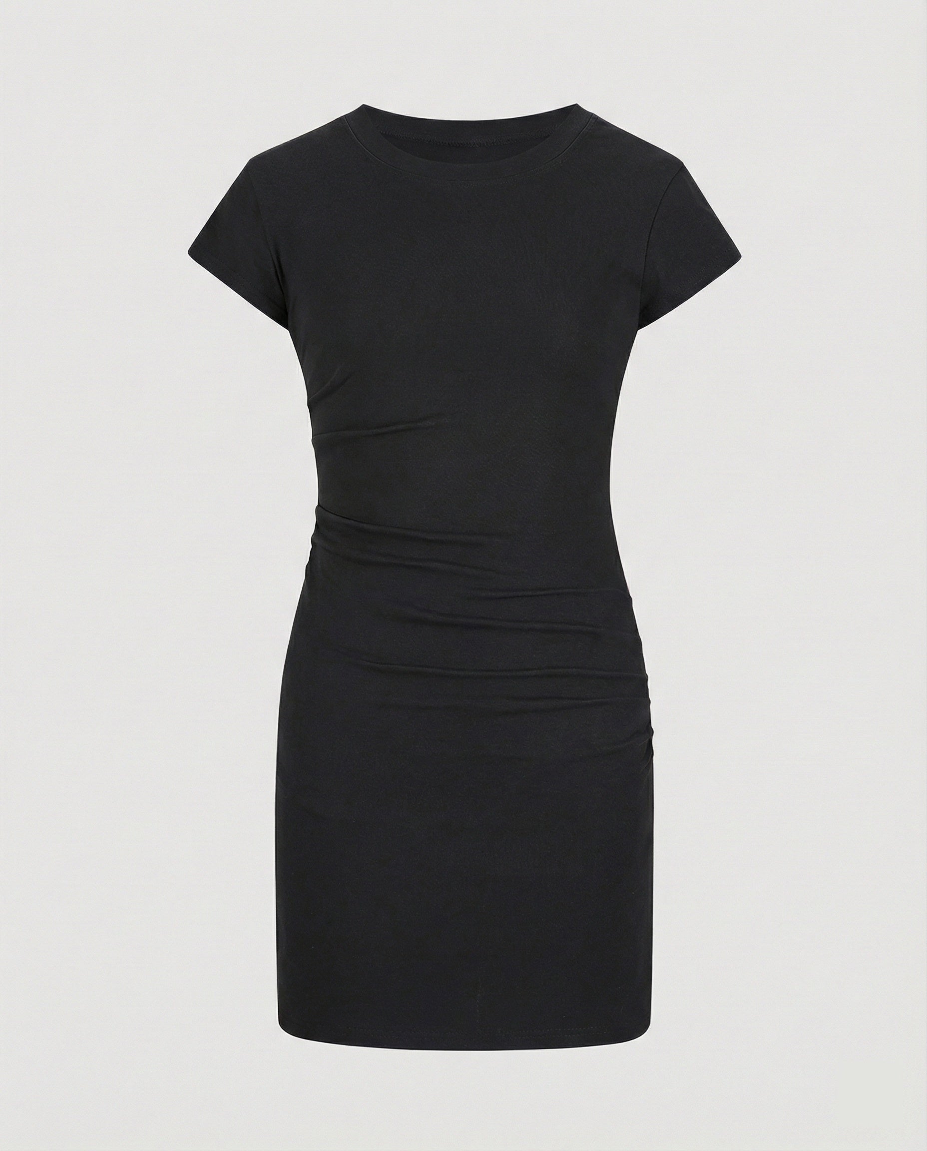 Figure-hugging mini dress with round neck and gathers for summer-Calm Wears-S 80-95 catties-Black (conventional version)-Calm Wears