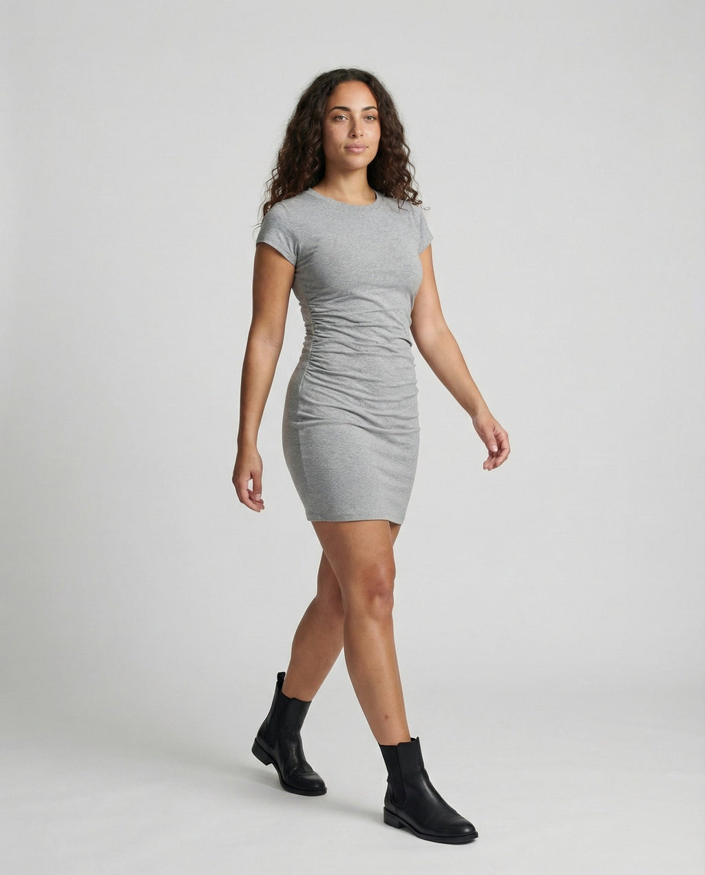 Figure-hugging mini dress with round neck and gathers for summer-Calm Wears-S 80-95 catties-Gray (conventional version)-Calm Wears
