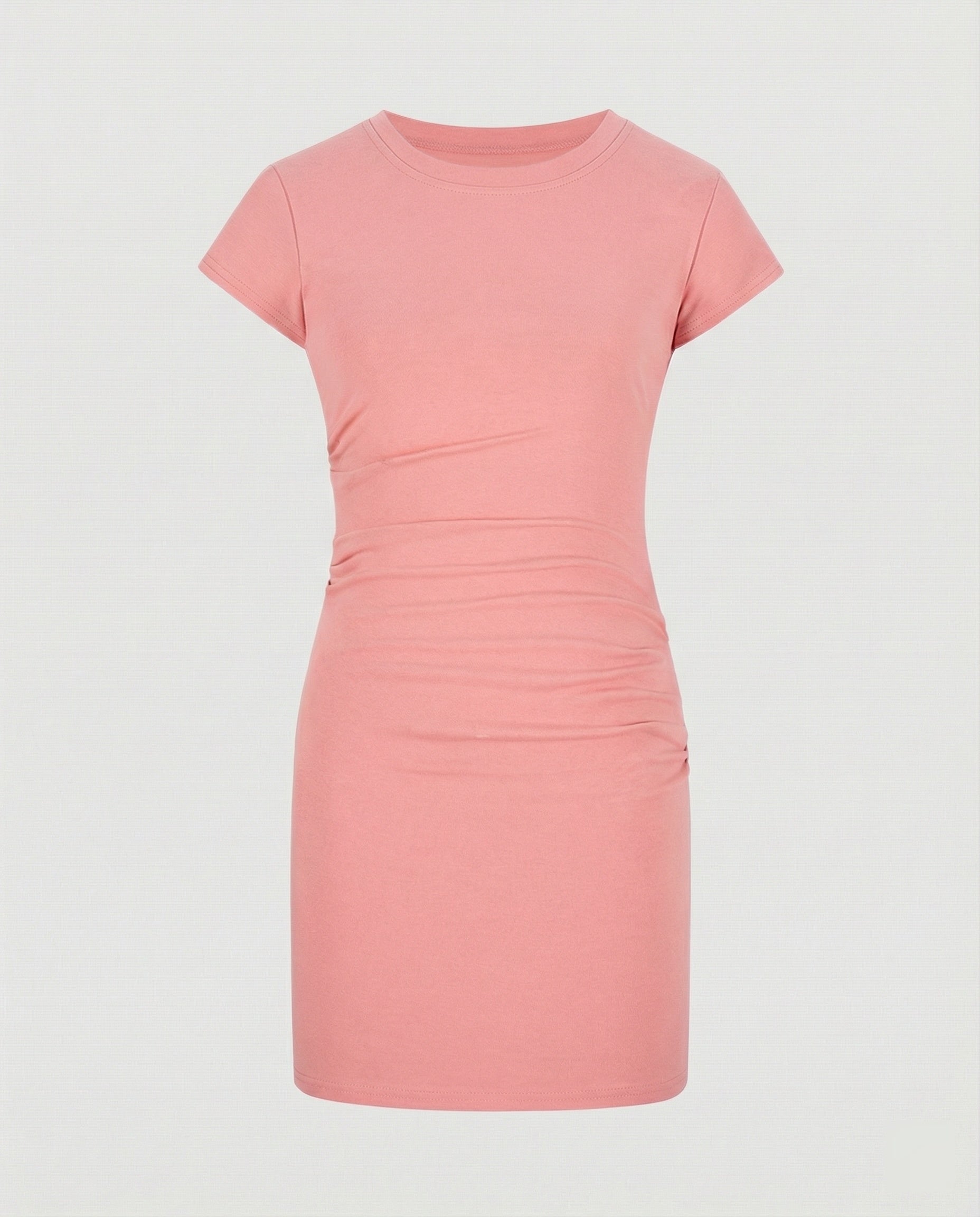 Figure-hugging mini dress with round neck and gathers for summer-Calm Wears-S 80-95 catties-Pink (conventional version)-Calm Wears