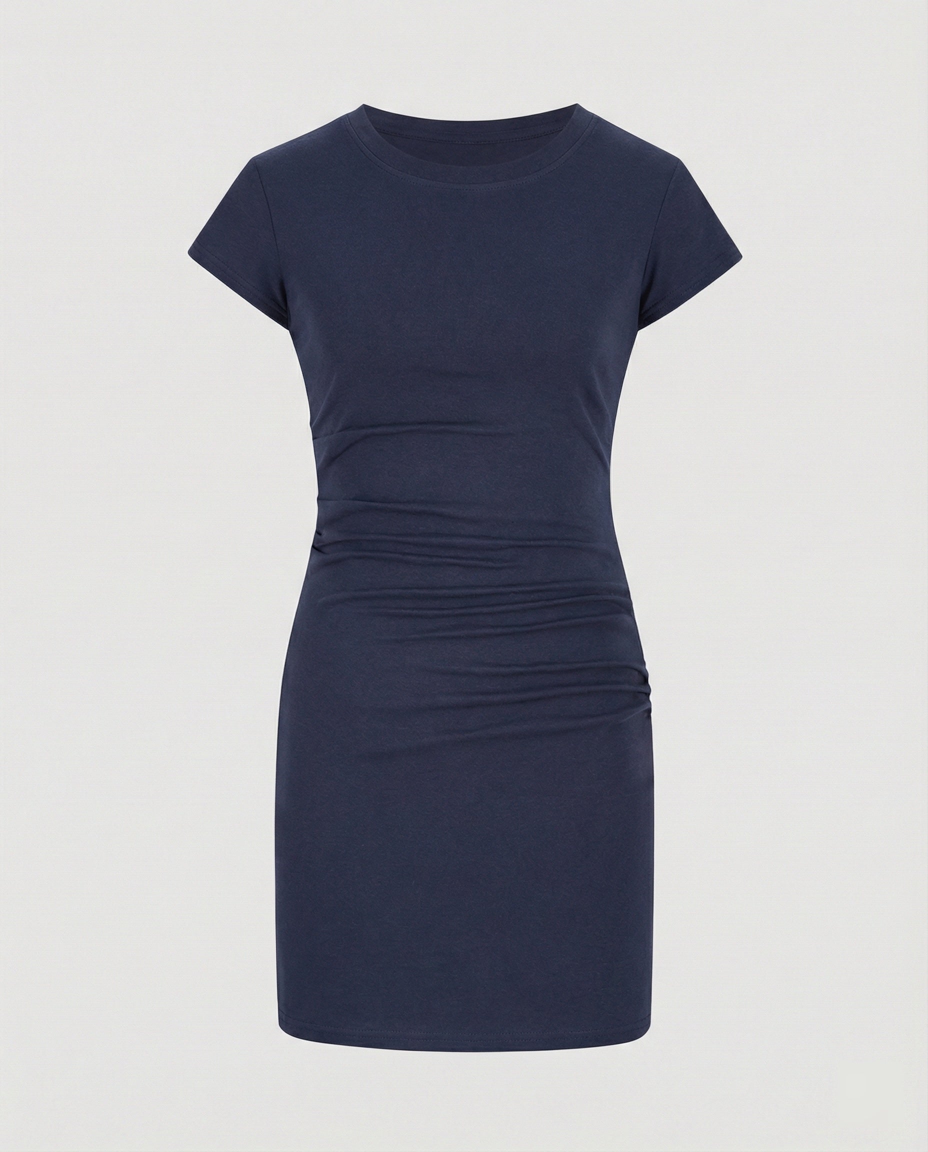Figure-hugging mini dress with round neck and gathers for summer-Calm Wears-S 80-95 catties-Tibetan blue (conventional version)-Calm Wears