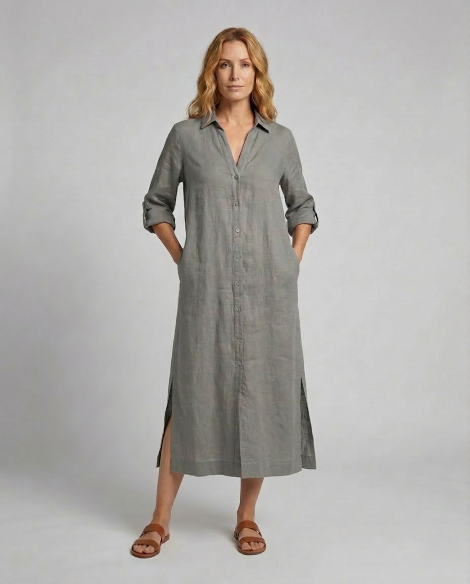Linen Maxi Dress Women with Button Placket-https://detail.1688.com/offer/957000042448.html-Calm Wears-Braun-S-Calm Wears