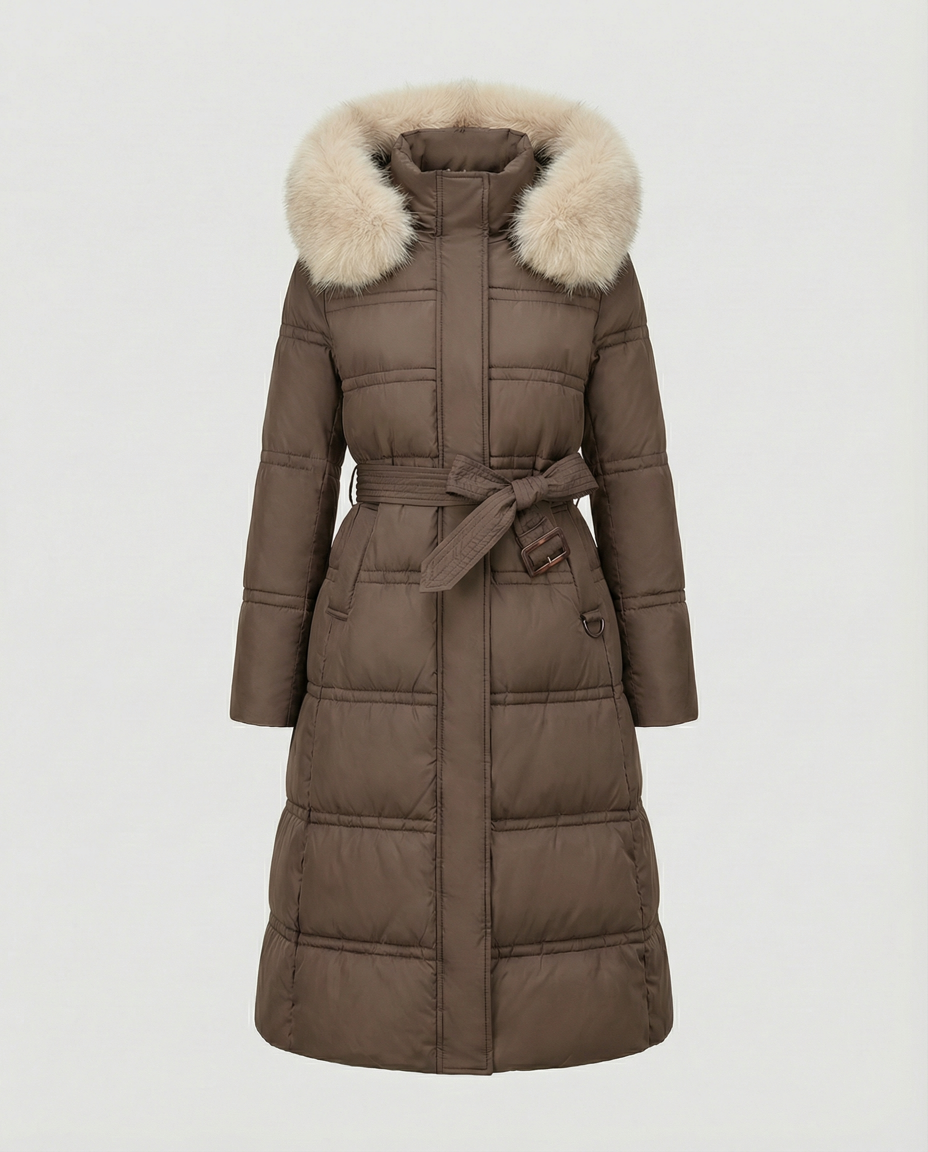 Long quilted coat women's winter-glamorix20240917-Calm Wears-Coffee with Beige Collar Lining-M-Calm Wears