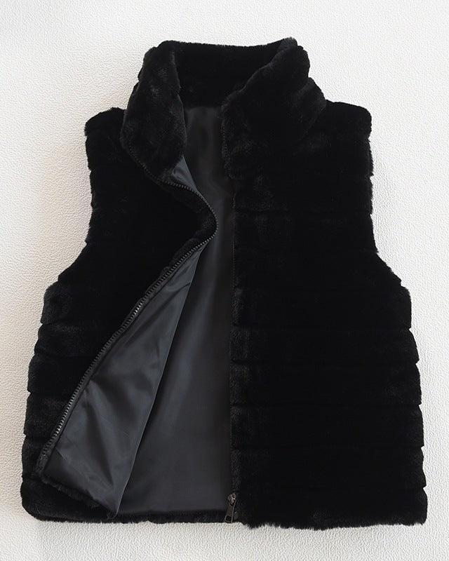 Quilted vest made of faux fur for women-https://detail.1688.com/offer/737727387165.html-Calm Wears-Black-S-Calm Wears