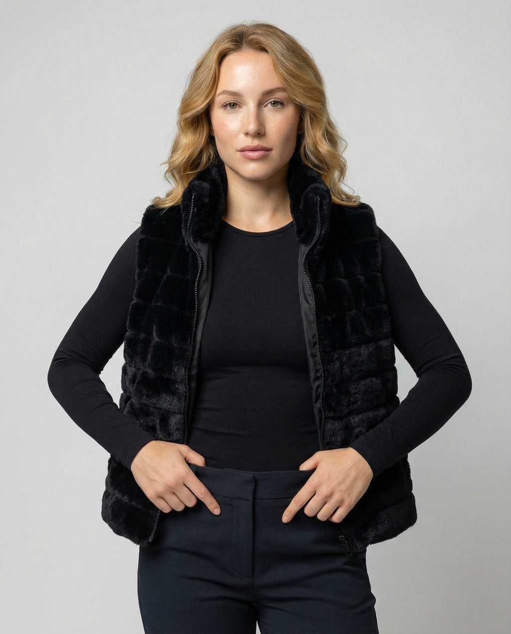 Quilted vest made of faux fur for women-https://detail.1688.com/offer/737727387165.html-Calm Wears-Black-S-Calm Wears