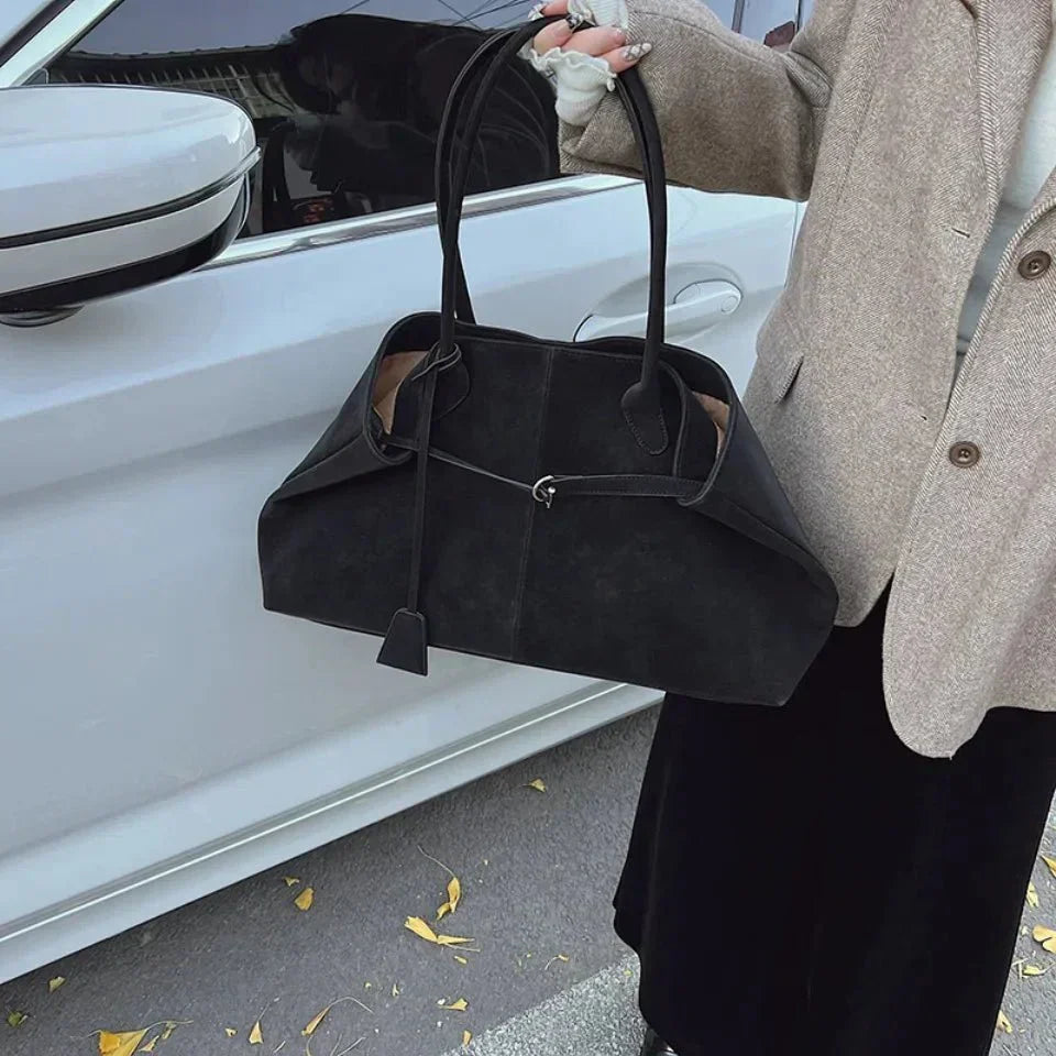 Large suede shoulder bag, women's work tote bag with binding detail-mayfair ellis20260422-Calm Wears-Black-Calm Wears