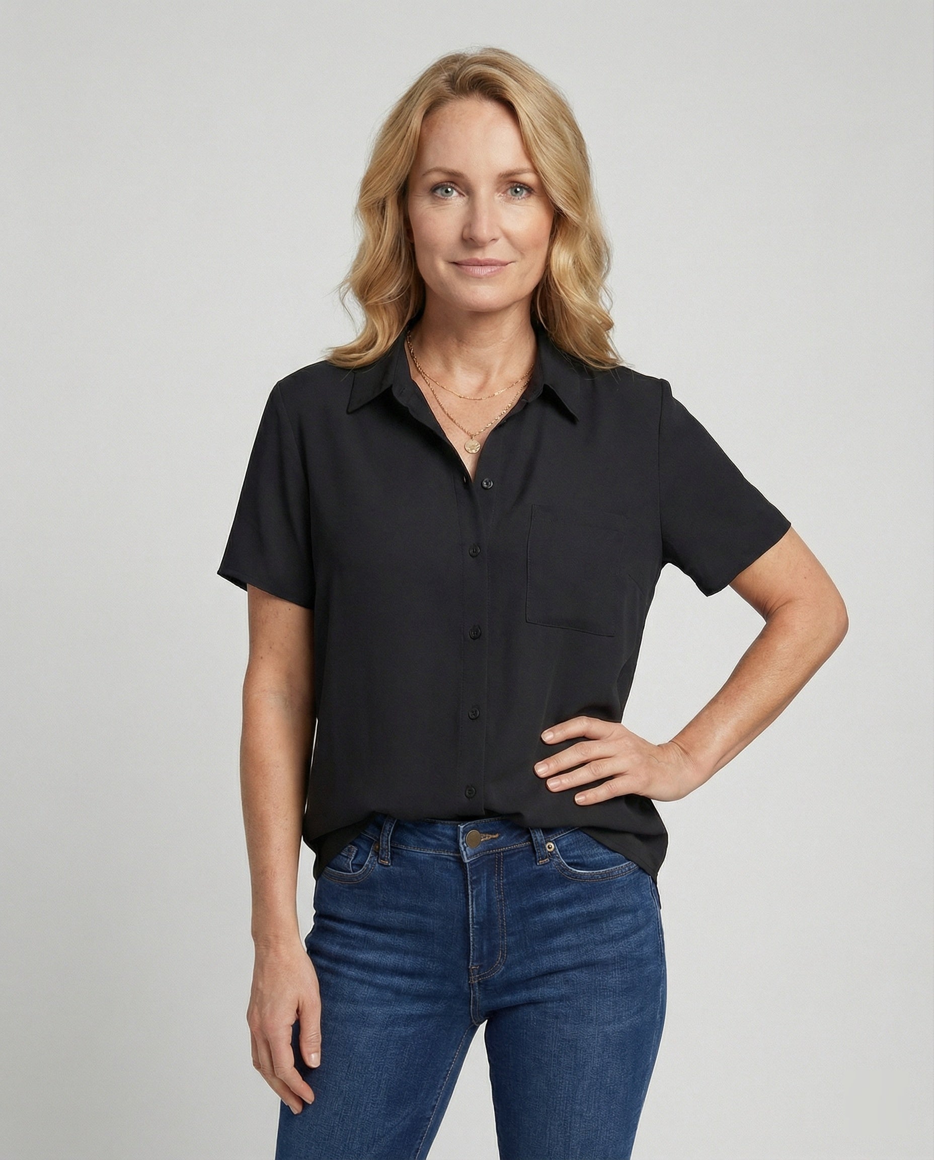 Short Sleeve Blouse Top Women with Chest Pocket-https://detail.1688.com/offer/1011425804116.html-Calm Wears-Black-S-Calm Wears