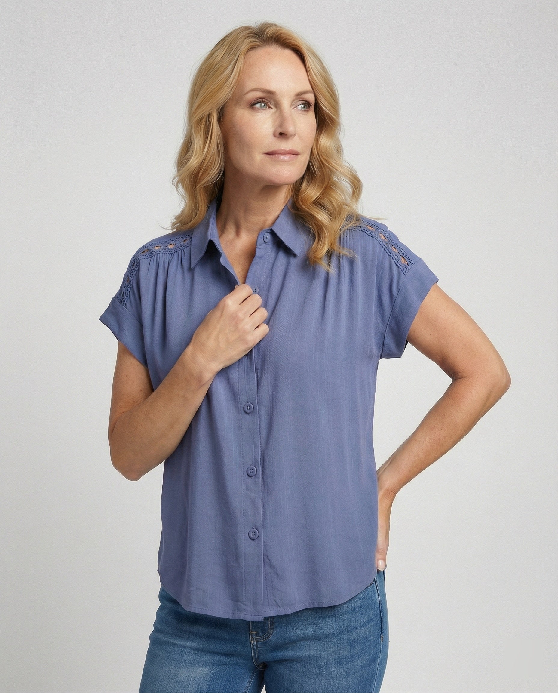 Short Sleeve Blouse Top Women with Crochet Accents-https://detail.1688.com/offer/1001635420044.html-Calm Wears-Blue-S-Calm Wears