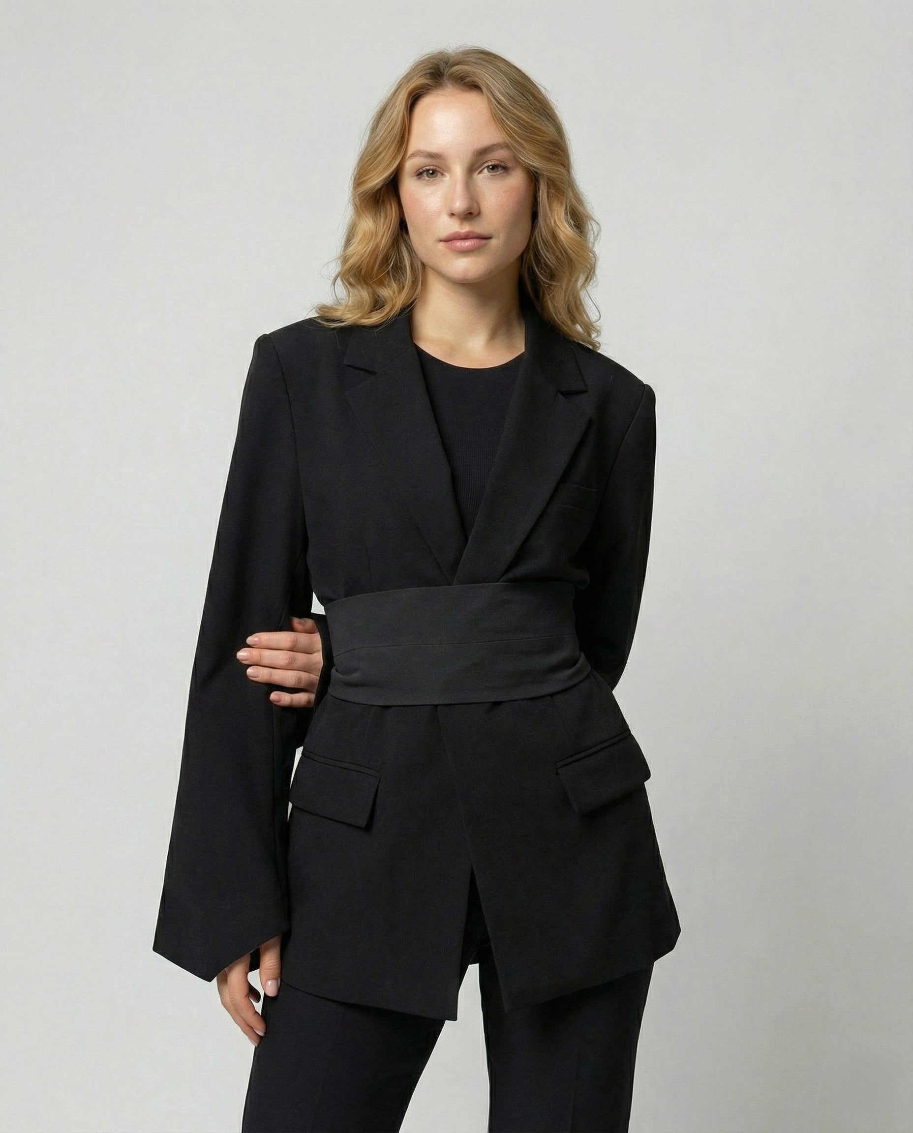 Tailored Belt Blazer Women-deqalli20240919-Calm Wears-Black-S-Calm Wears