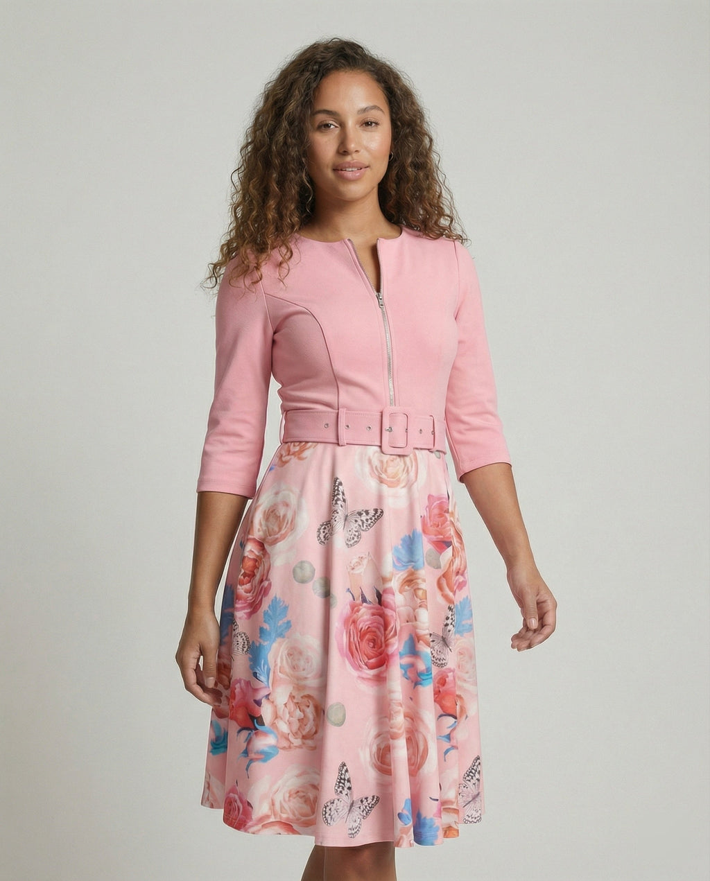 Women A-line dress with fitted belt and floral pattern-https://detail.1688.com/offer/741010731713.html-Calm Wears-Rosa-S-Calm Wears