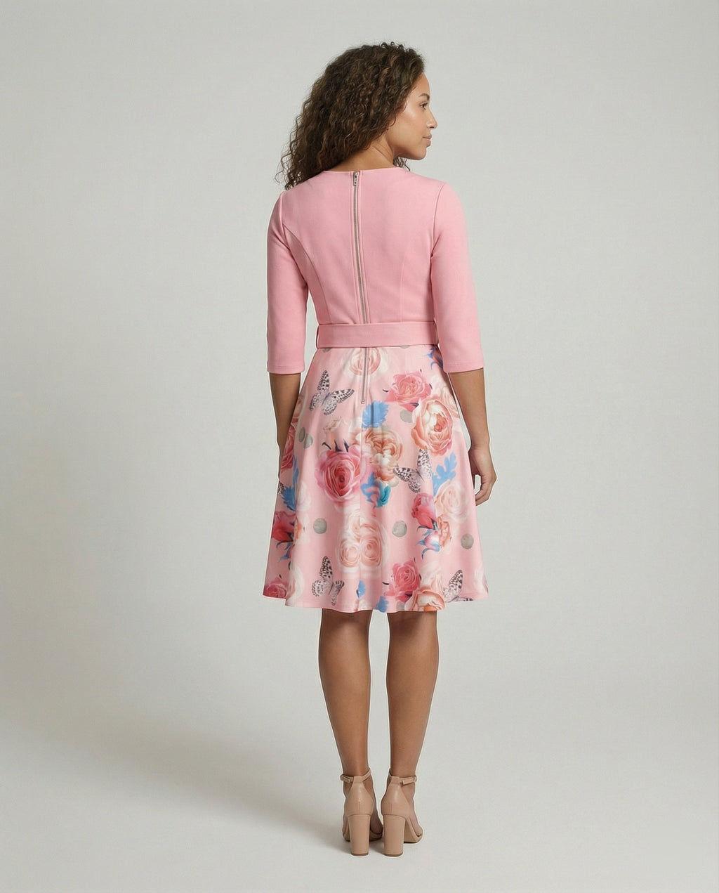 Women A-line dress with fitted belt and floral pattern-https://detail.1688.com/offer/741010731713.html-Calm Wears-Rosa-S-Calm Wears