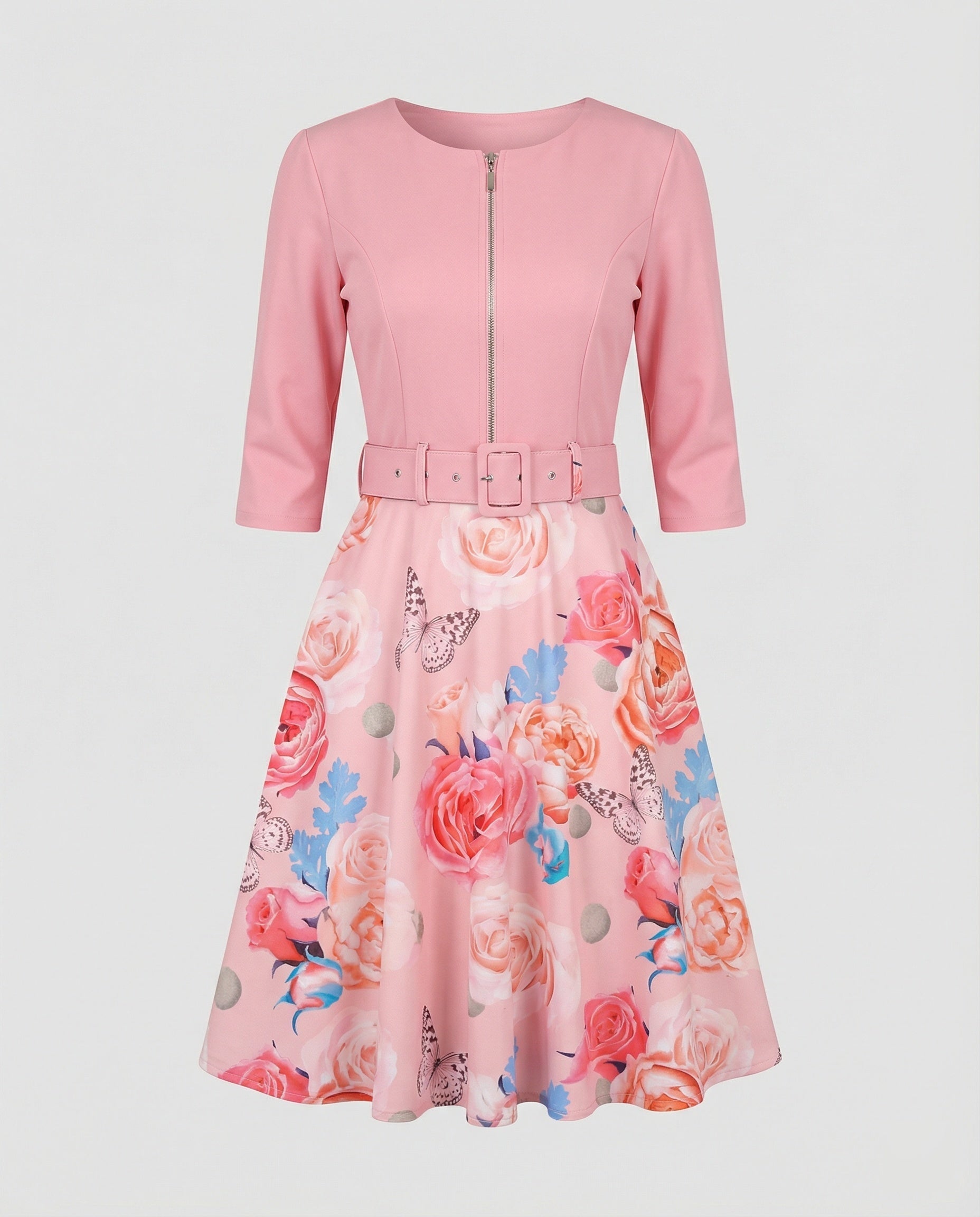 Women A-line dress with fitted belt and floral pattern-https://detail.1688.com/offer/741010731713.html-Calm Wears-Rosa-S-Calm Wears