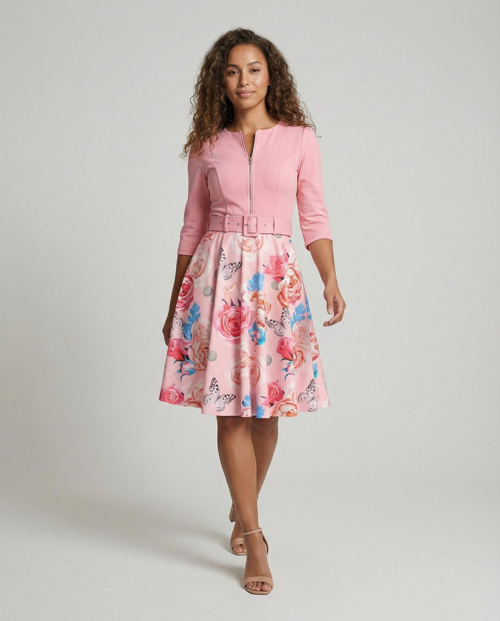 Women A-line dress with fitted belt and floral pattern-https://detail.1688.com/offer/741010731713.html-Calm Wears-Rosa-S-Calm Wears