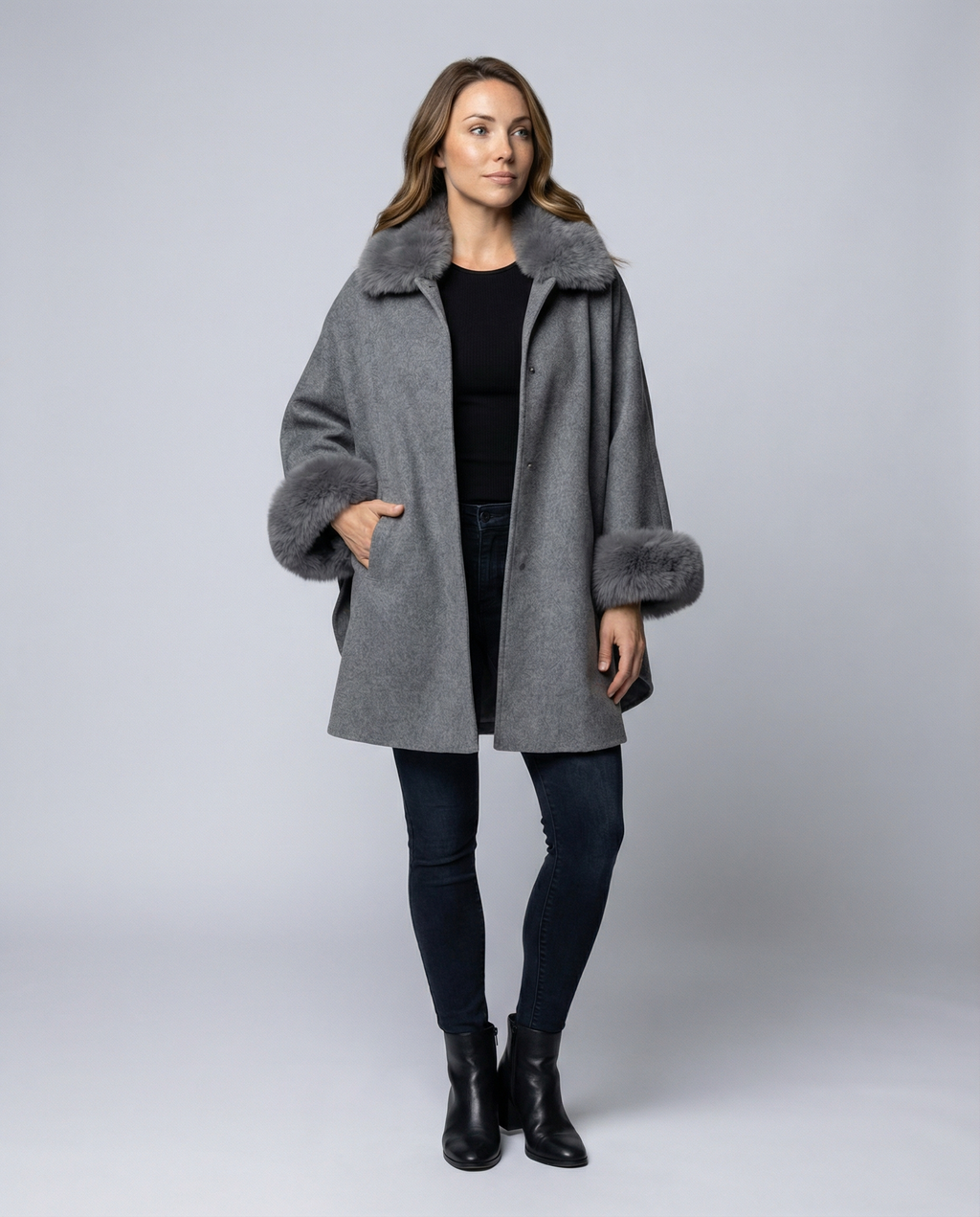 Women Cape Jacket Faux Fur-bakkermode20251110-Calm Wears-Gray-S-Calm Wears
