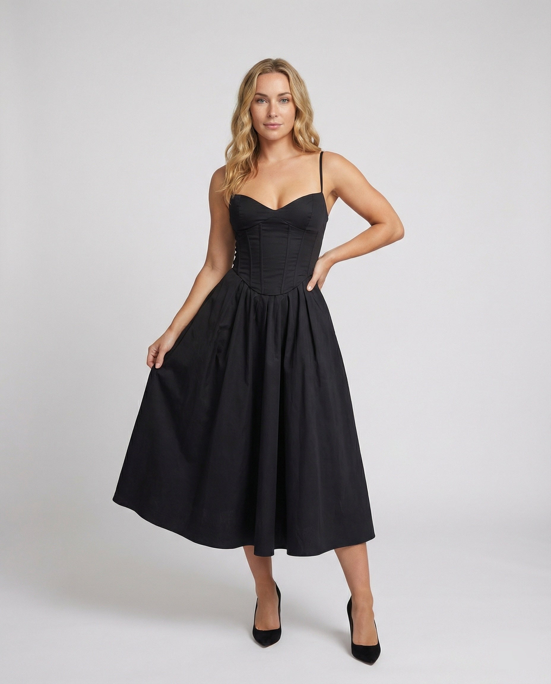Women Elegant Long Dress with Tailored Silhouette and Flared Skirt-https://detail.1688.com/offer/785900816770.html-Calm Wears-Black-S-Calm Wears