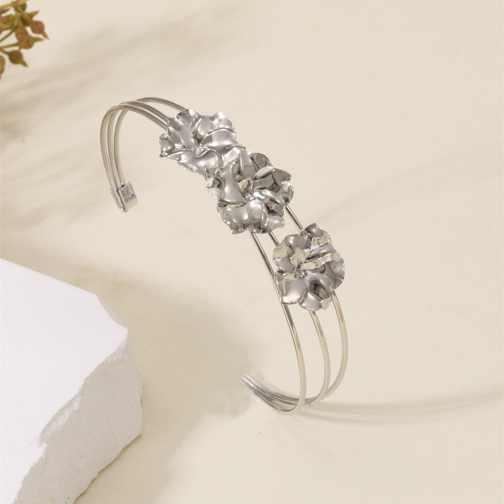 Women Open Bangle with Artistic Flower Motif Calm Wears-https://detail.1688.com/offer/970224484318.html-Calm Wears-Silver-Calm Wears