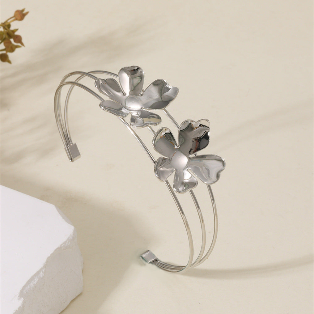 Women Open Bangle with Artistic Flower Motif Calm Wears-https://detail.1688.com/offer/970224484318.html-Calm Wears-Silver-Calm Wears