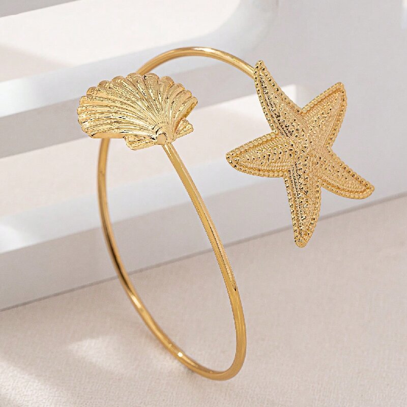 Women Open Bangle with Maritime Star and Shell Design Calm Wears-https://detail.1688.com/offer/1038629508405.html-Calm Wears-Coral-Calm Wears