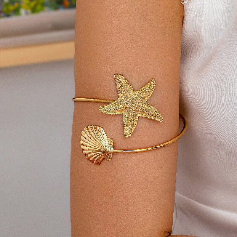 Women Open Bangle with Maritime Star and Shell Design Calm Wears-https://detail.1688.com/offer/1038629508405.html-Calm Wears-Coral-Calm Wears