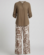 Women Palazzo Set Leaf Print Viscose Blouse-https://detail.1688.com/offer/919094093368.html-Calm Wears-Brown-XL-Calm Wears