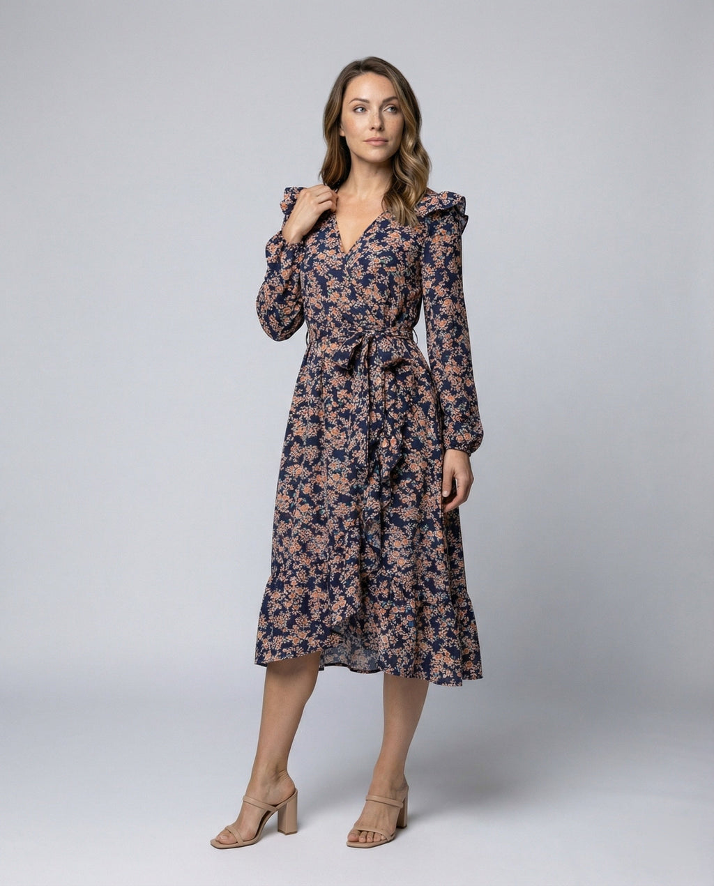 Women's blouse dress with floral design and adjustable belt-https://detail.1688.com/offer/940124336129.html-Calm Wears-Dark blue-S-Calm Wears