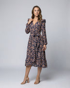 Women's blouse dress with floral design and adjustable belt-https://detail.1688.com/offer/940124336129.html-Calm Wears-Dark blue-S-Calm Wears