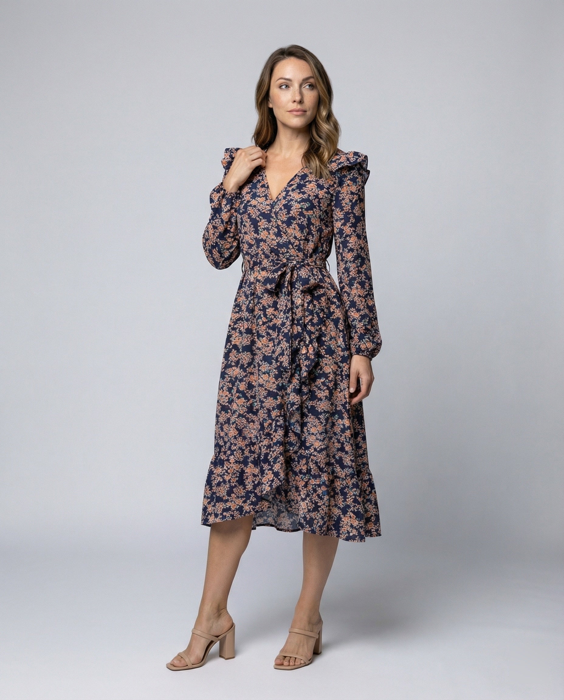Women's blouse dress with floral design and adjustable belt-https://detail.1688.com/offer/940124336129.html-Calm Wears-Dark blue-S-Calm Wears