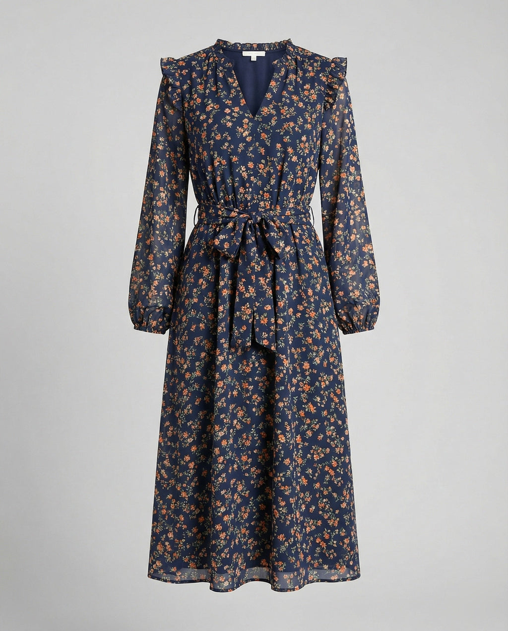 Women's blouse dress with floral design and adjustable belt-https://detail.1688.com/offer/940124336129.html-Calm Wears-Dark blue-S-Calm Wears