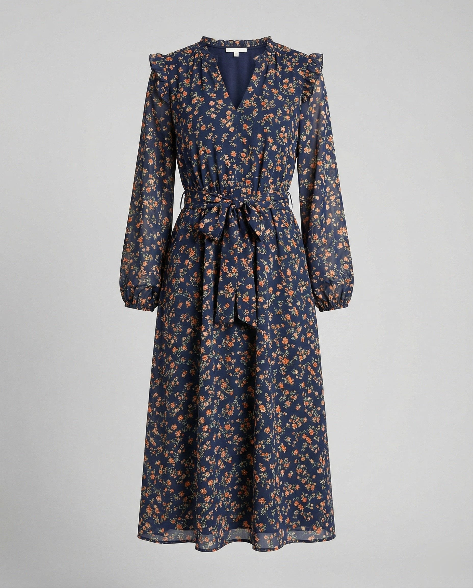 Women's blouse dress with floral design and adjustable belt-https://detail.1688.com/offer/940124336129.html-Calm Wears-Dark blue-S-Calm Wears