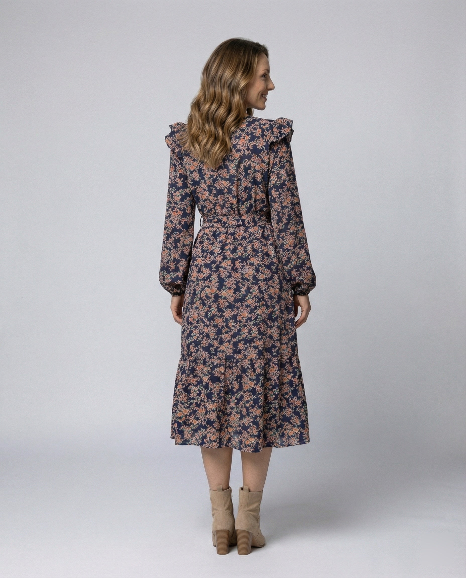 Women's blouse dress with floral design and adjustable belt-https://detail.1688.com/offer/940124336129.html-Calm Wears-Dark blue-S-Calm Wears