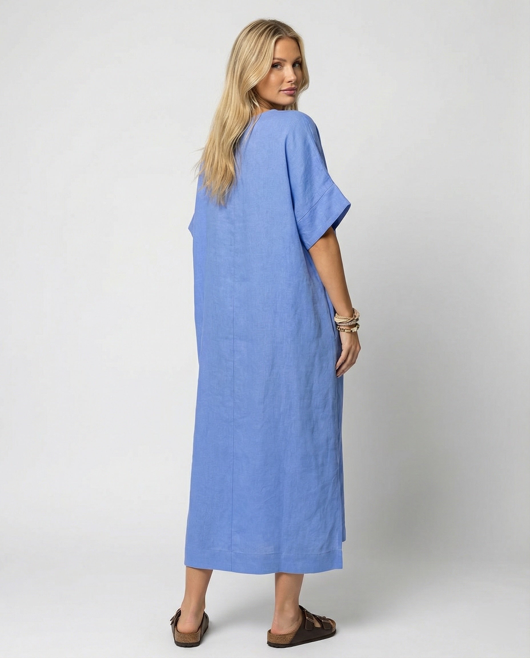 Women's casual linen maxi dress with V-neck and wide-cut sleeves-https://detail.1688.com/offer/901895490032.html-Calm Wears-Blue-S-Calm Wears