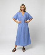 Women's casual linen maxi dress with V-neck and wide-cut sleeves-https://detail.1688.com/offer/901895490032.html-Calm Wears-Blue-S-Calm Wears