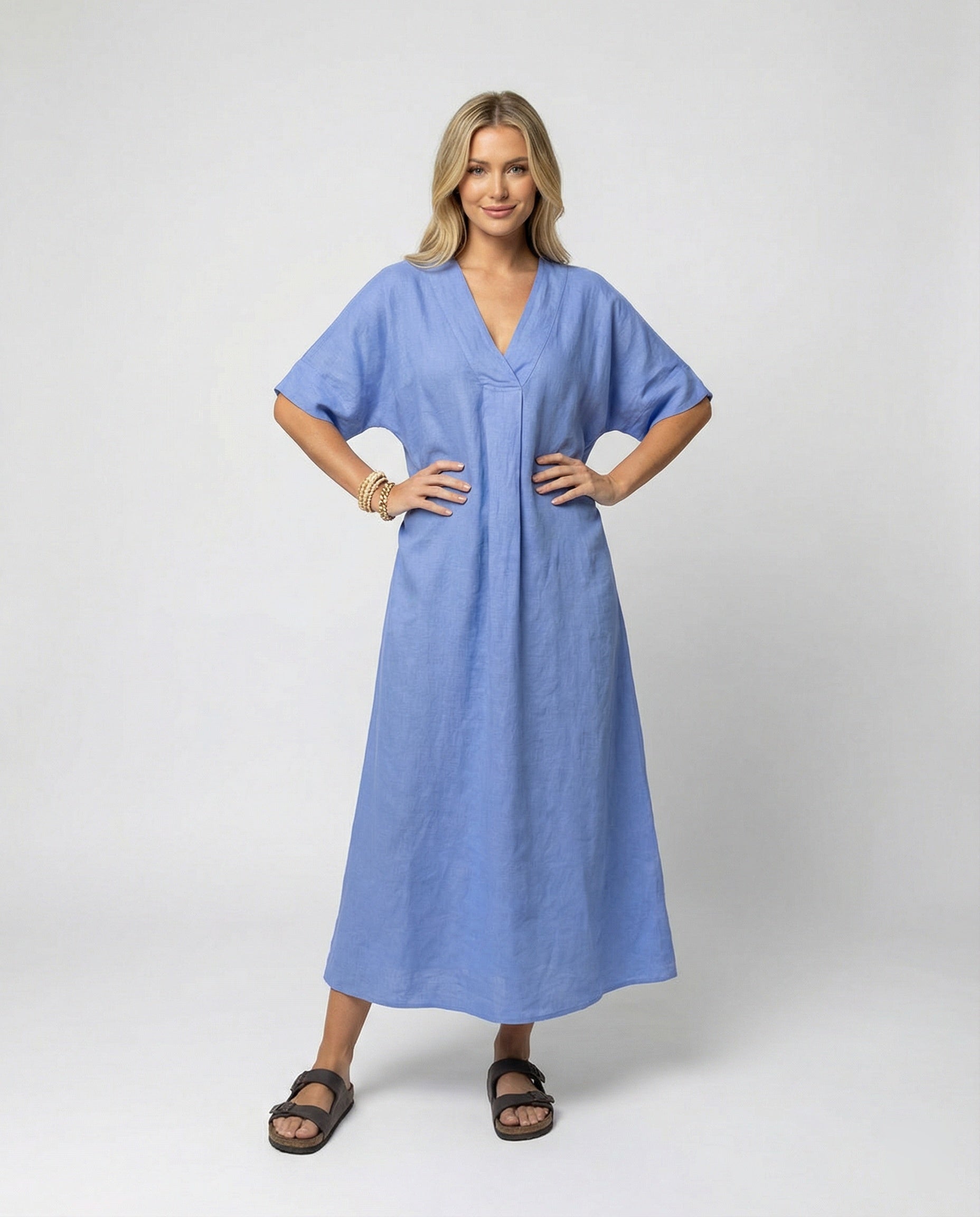 Women's casual linen maxi dress with V-neck and wide-cut sleeves-https://detail.1688.com/offer/901895490032.html-Calm Wears-Blue-S-Calm Wears