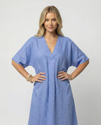 Women's casual linen maxi dress with V-neck and wide-cut sleeves-https://detail.1688.com/offer/901895490032.html-Calm Wears-Blue-S-Calm Wears