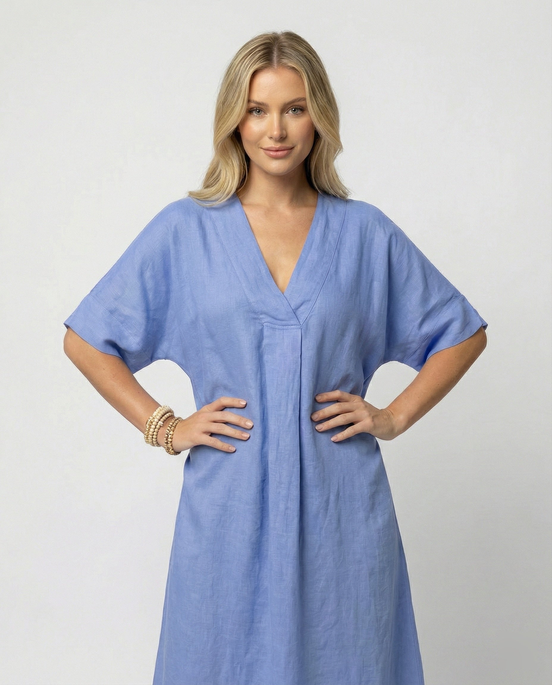 Women's casual linen maxi dress with V-neck and wide-cut sleeves-https://detail.1688.com/offer/901895490032.html-Calm Wears-Blue-S-Calm Wears