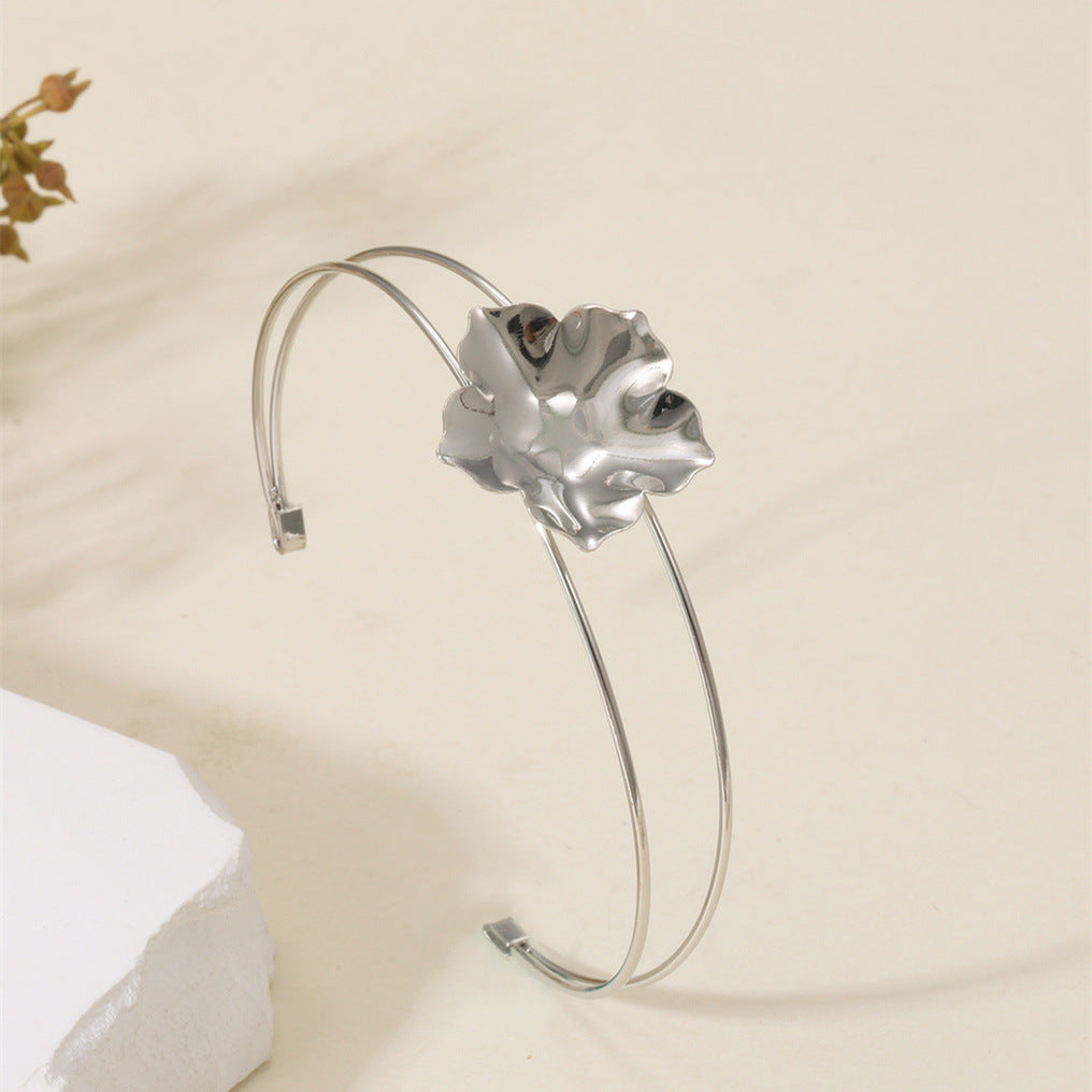 Women's cuff bracelet with artistic leaf motif Calm Wears-https://detail.1688.com/offer/898942880722.html-Calm Wears-Silver-Calm Wears