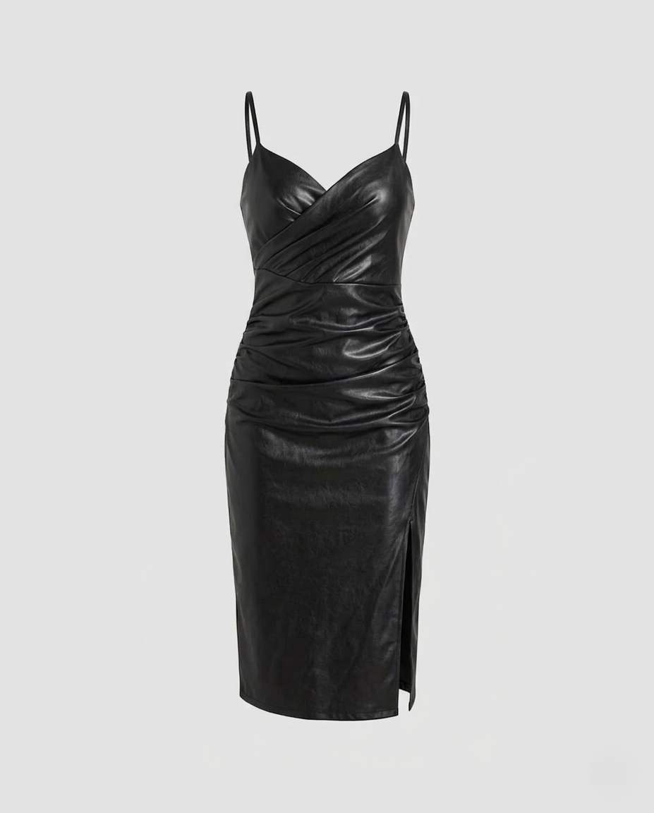 Women's fitted leather dress with slit-https://detail.1688.com/offer/680109024880.html-Calm Wears-Black-S-Calm Wears