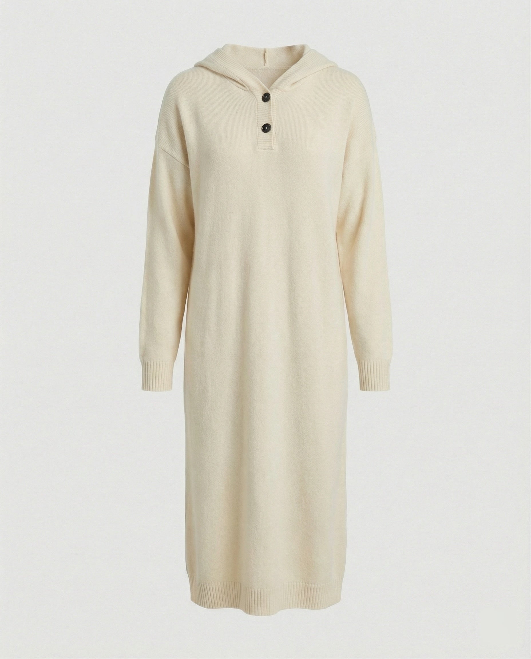 Women's hoodie dress made of soft knit material with button placket and hood-https://detail.1688.com/offer/964894328925.html-Calm Wears-Cream-One size-Calm Wears