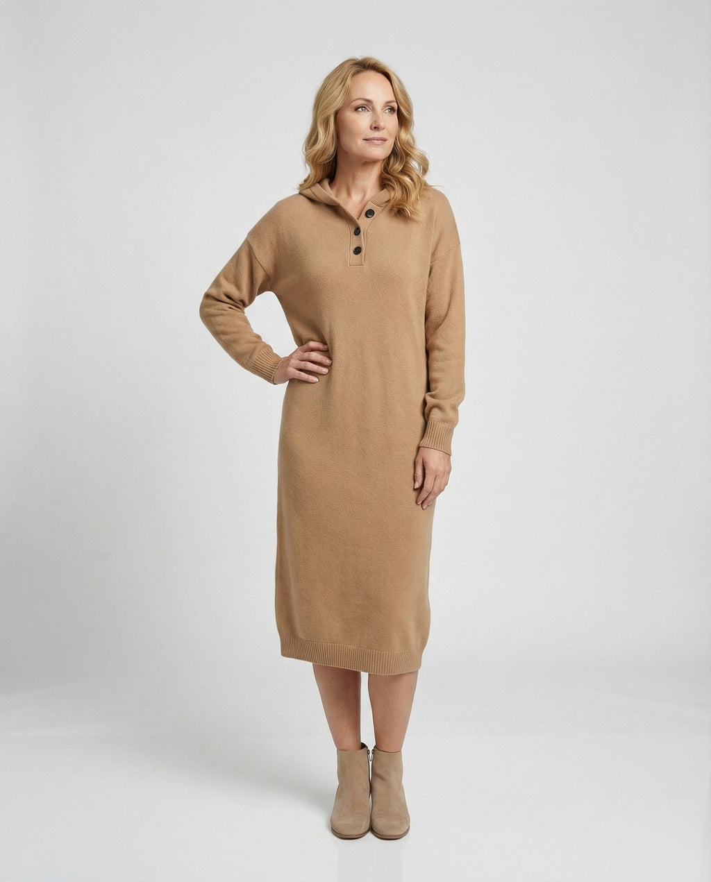 Women's hoodie dress made of soft knit material with button placket and hood-https://detail.1688.com/offer/964894328925.html-Calm Wears-Khaki-One size-Calm Wears