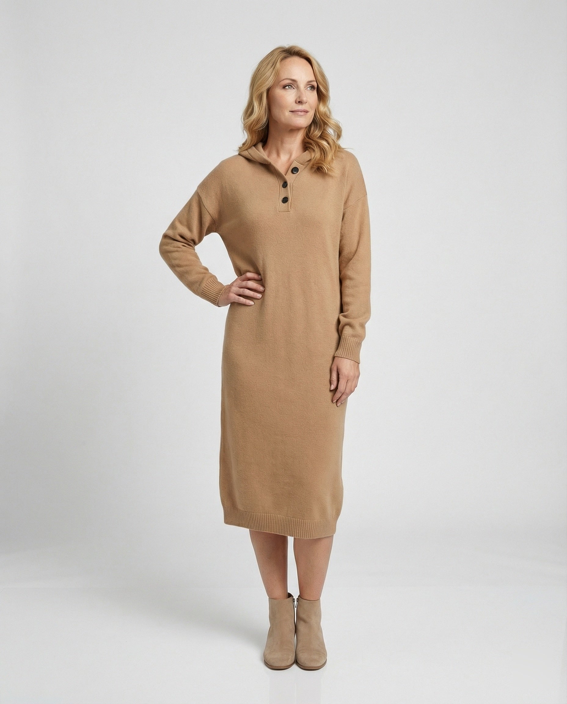 Women's hoodie dress made of soft knit material with button placket and hood-https://detail.1688.com/offer/964894328925.html-Calm Wears-Khaki-One size-Calm Wears