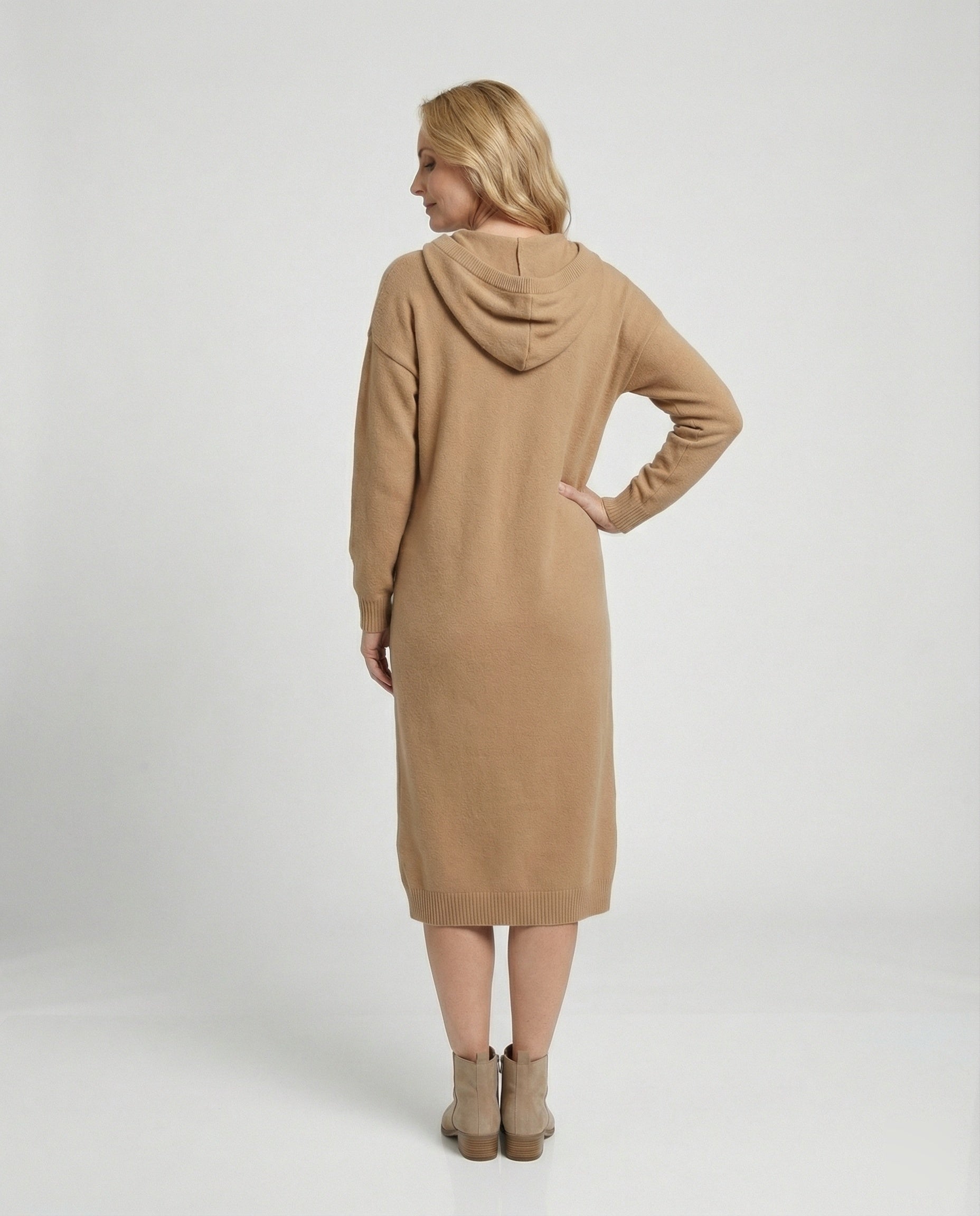 Women's hoodie dress made of soft knit material with button placket and hood-https://detail.1688.com/offer/964894328925.html-Calm Wears-Khaki-One size-Calm Wears