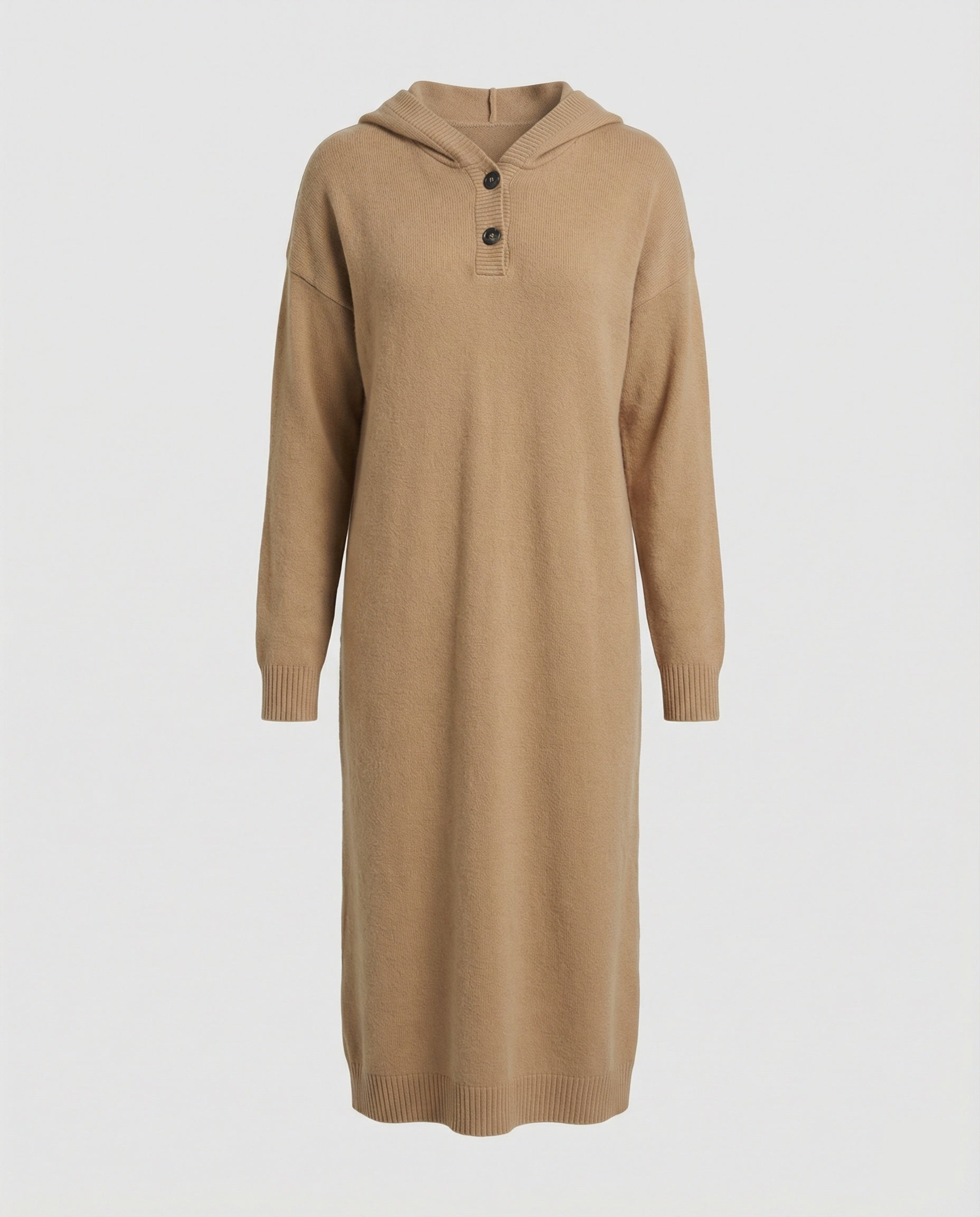 Women's hoodie dress made of soft knit material with button placket and hood-https://detail.1688.com/offer/964894328925.html-Calm Wears-Khaki-One size-Calm Wears