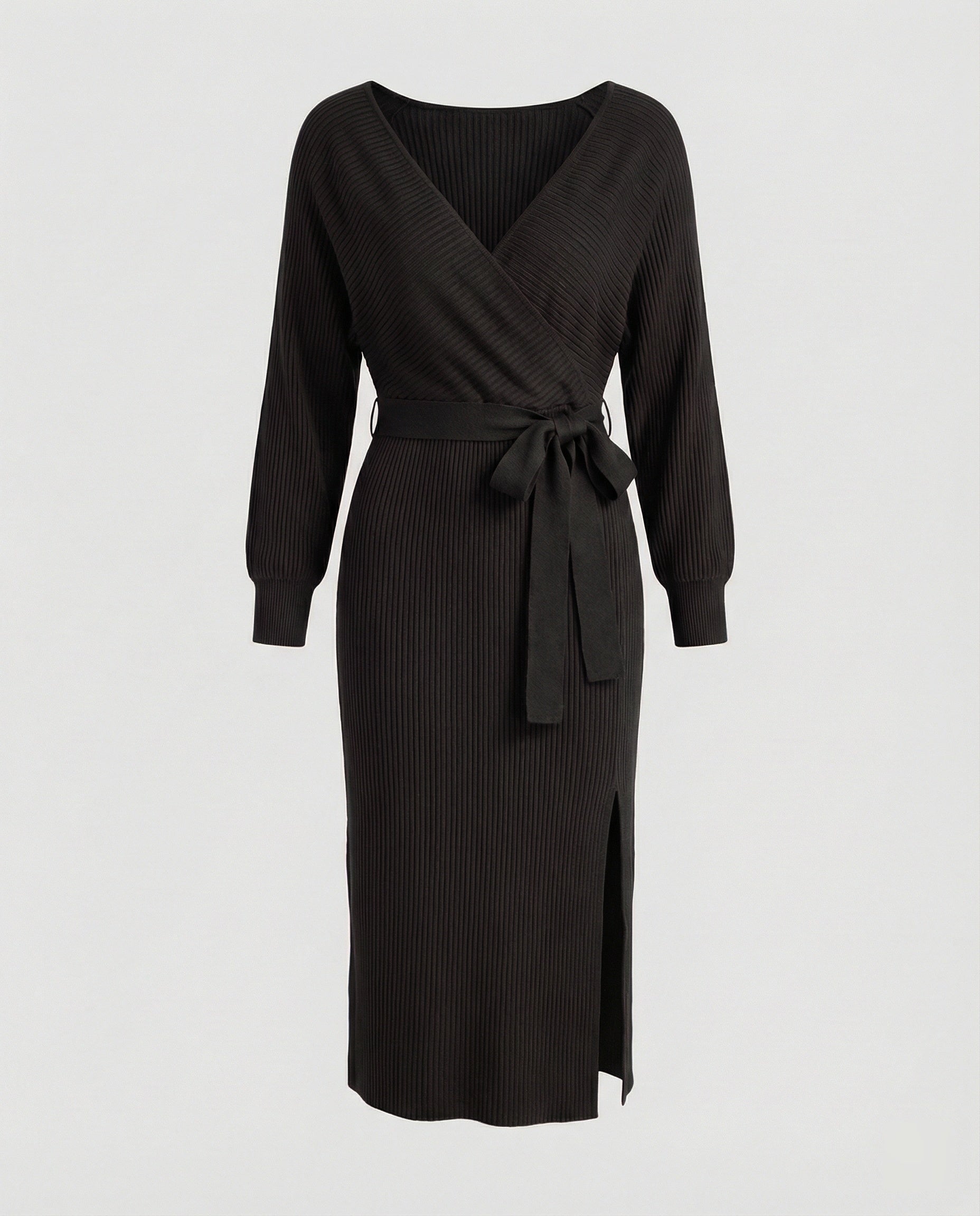 Women's knitted dress with elegant wrap design and decorative belt-https://detail.1688.com/offer/680763497561.html-Calm Wears-Black-S-Calm Wears