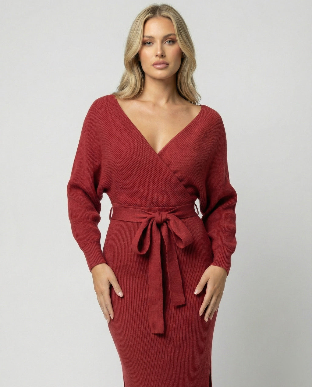 Women's knitted dress with elegant wrap design and decorative belt-https://detail.1688.com/offer/680763497561.html-Calm Wears-Bordeaux red-S-Calm Wears