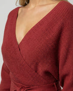 Women's knitted dress with elegant wrap design and decorative belt-https://detail.1688.com/offer/680763497561.html-Calm Wears-Bordeaux red-S-Calm Wears