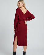 Women's knitted dress with elegant wrap design and decorative belt-https://detail.1688.com/offer/680763497561.html-Calm Wears-Bordeaux red-S-Calm Wears