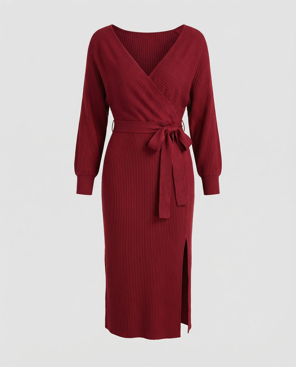 Women's knitted dress with elegant wrap design and decorative belt-https://detail.1688.com/offer/680763497561.html-Calm Wears-Bordeaux red-S-Calm Wears