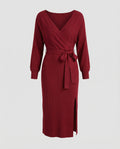 Women's knitted dress with elegant wrap design and decorative belt-https://detail.1688.com/offer/680763497561.html-Calm Wears-Bordeaux red-S-Calm Wears